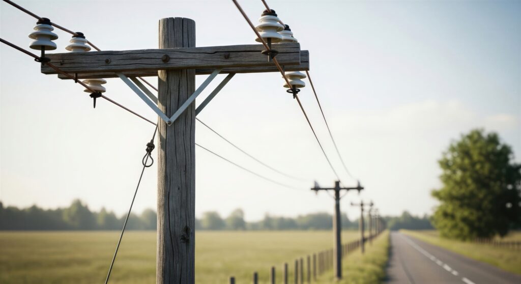 Wooden utility pole carrying power lines along a rural road