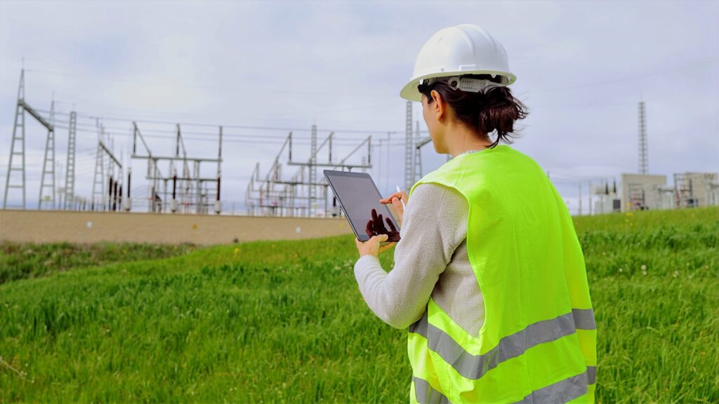 Engineer in a hard hat and safety vest reviewing a tablet beside an electrical substation
