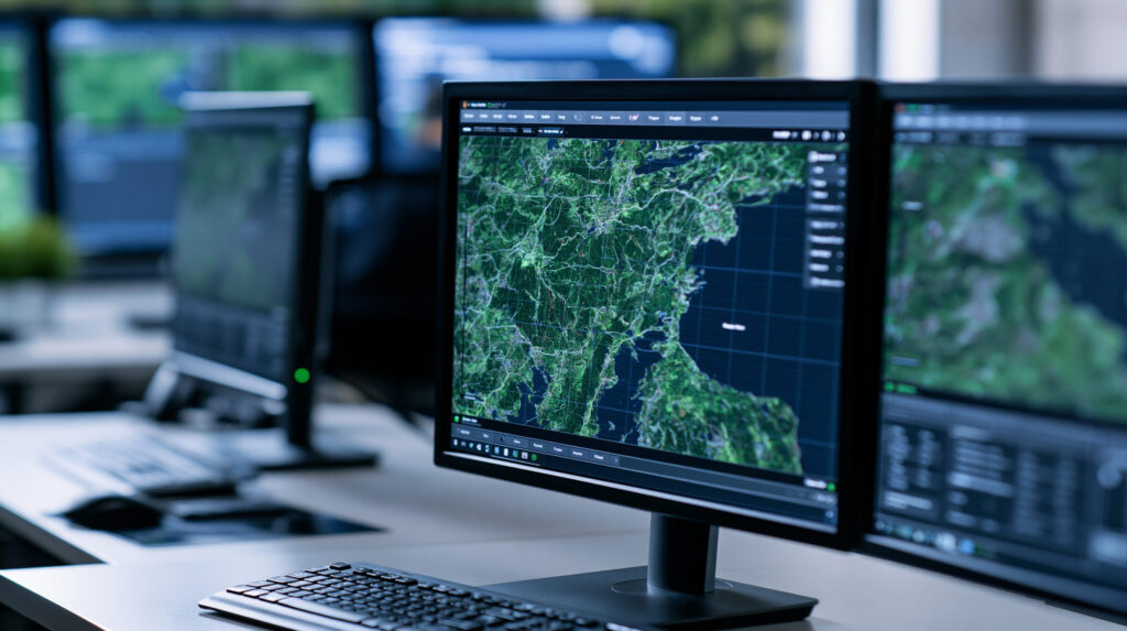 GIS mapping software showing satellite imagery on office monitors