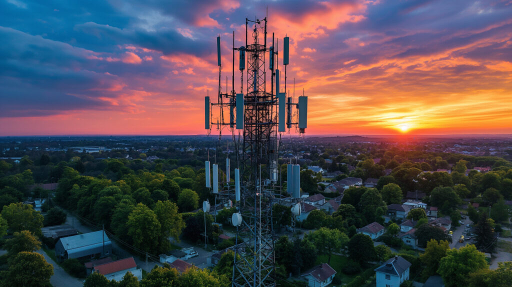 Cell tower above a residential neighborhood at sunset