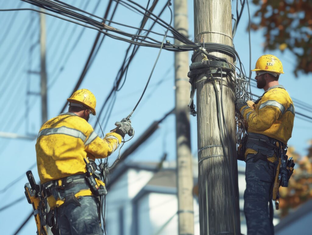 Two line technicians installing telecommunications cables on a utility pole