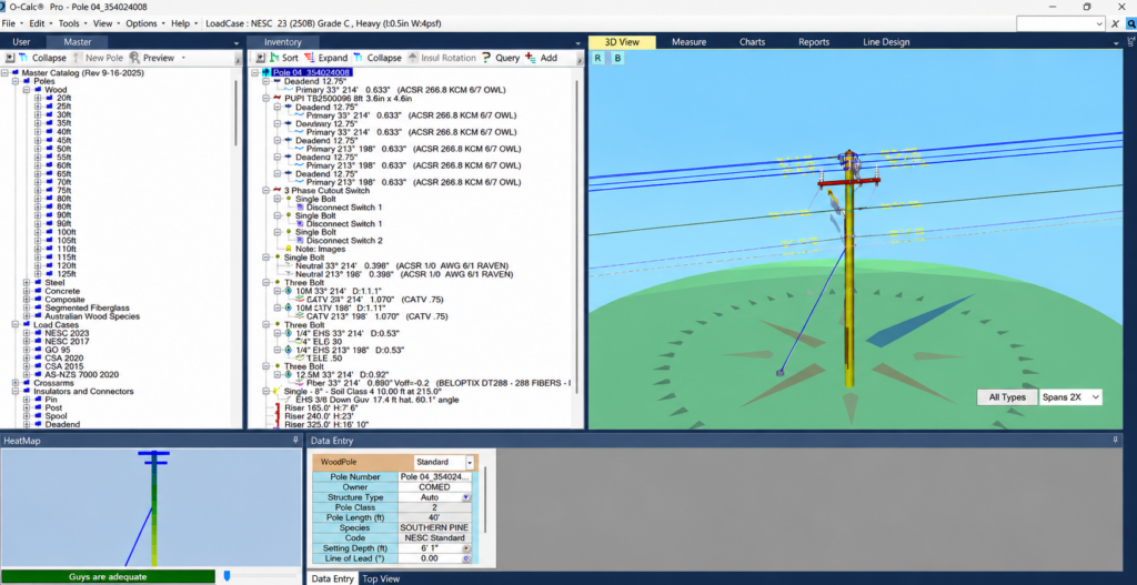 O-Calc Pro software showing a utility pole loading analysis model