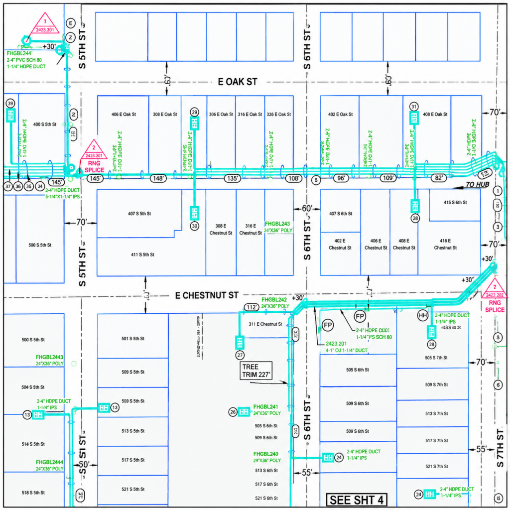 Fiber network design map showing proposed routes along East Oak Street and East Chestnut Street