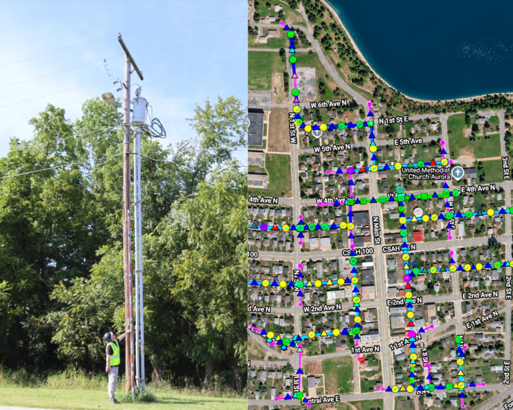 Field technician at a utility pole beside an aerial map of surveyed pole locations