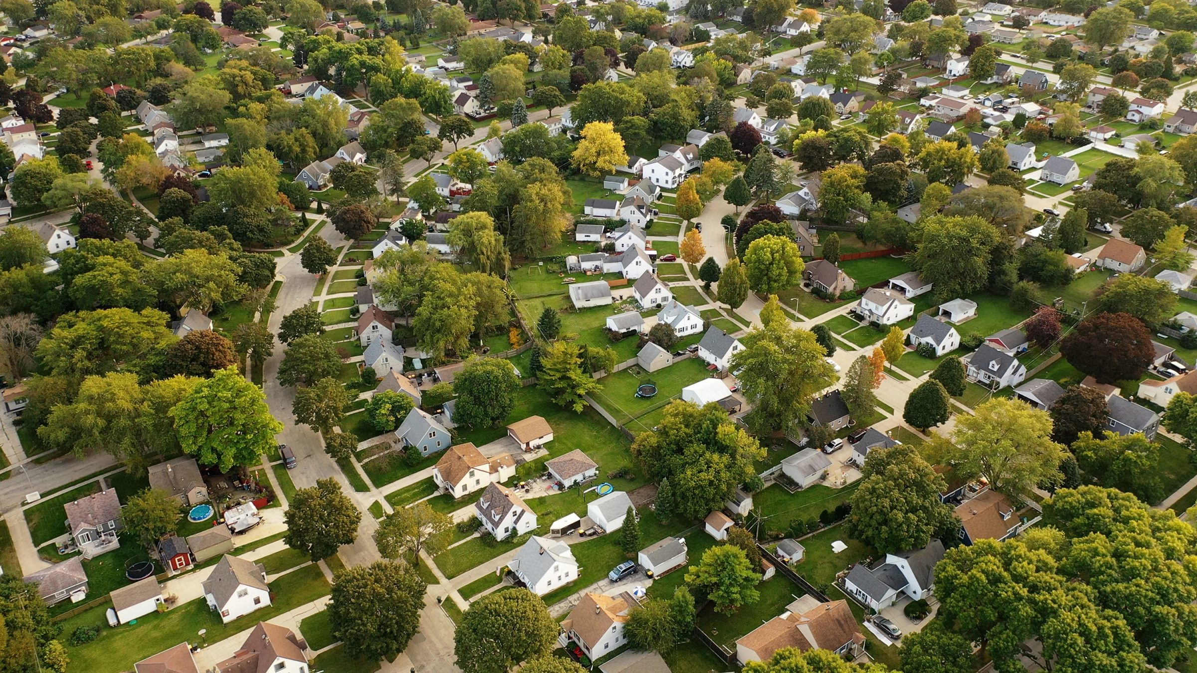 Aerial view of a tree-lined suburban neighborhood