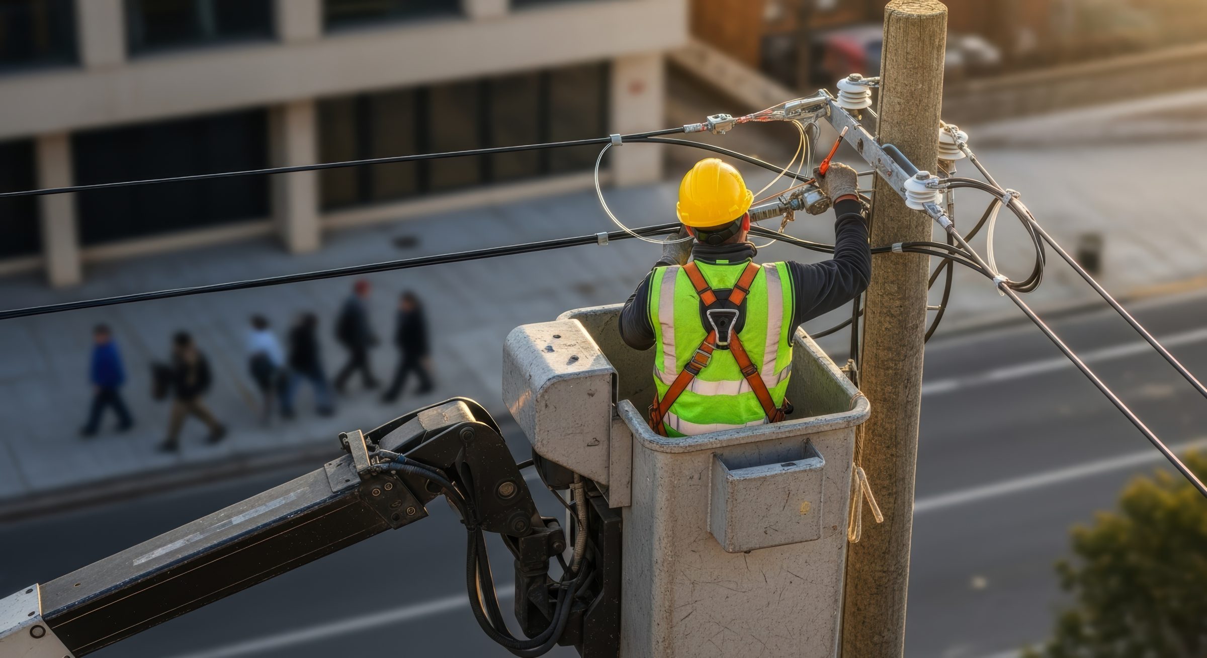 Lineworker in a bucket truck on a city street