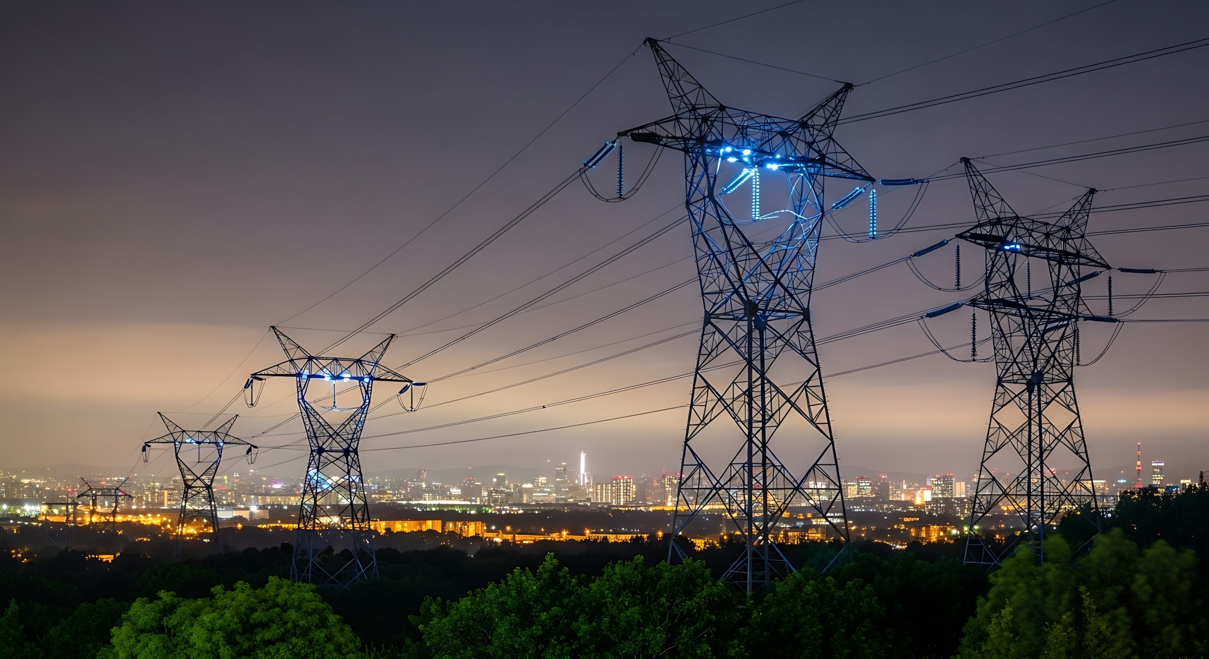 Transmission towers with a city skyline lit at night